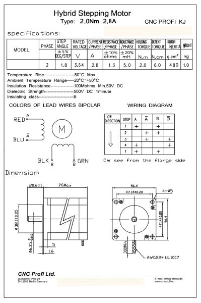 Schrittmotor - 2 Nm 2,8 A - 2 Wellenenden - Welle fi. 6,35 mm - Flansch 57 mm